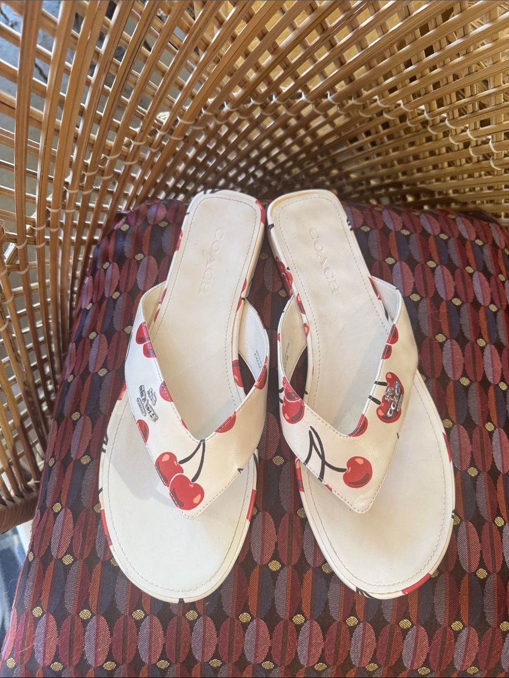Coach White Leather Flip Flops with Red Cherry Print - Picture 2 of 4